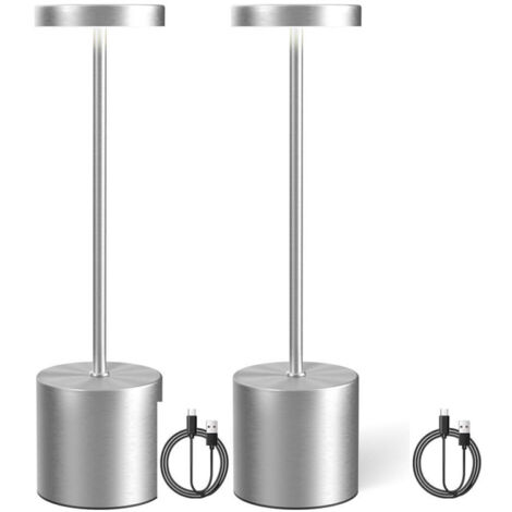 Lámpara de mesa inalámbrica, recargable y regulable para comedor, patio, dormitorio y mesita de noche, juego de 2 (plateada)