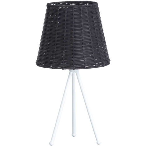 Lámpara de Mesa Industrial Moderna , Modelo Yuan 7hSevenOn Deco , Lámpara con Tulipa de Ratán Negra y Base de Metal Blanca , Lámpara para Salón, Comedor o Mesitas de Noche , 22,5x22,5x37cm