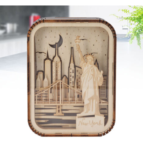 Lámpara de mesa LED 3D City Series de madera tallada: innovadora lámpara de pie de madera tallada con función de carga USB, iluminación ambiental para oficina o dormitorio, estilo neoyorquino.