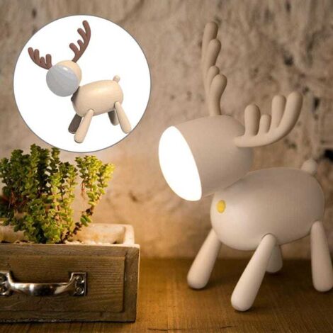 Lámpara de mesa LED ajustable con motivo de ciervos y alces, recargable por USB, decoración para dormitorio, color beige.