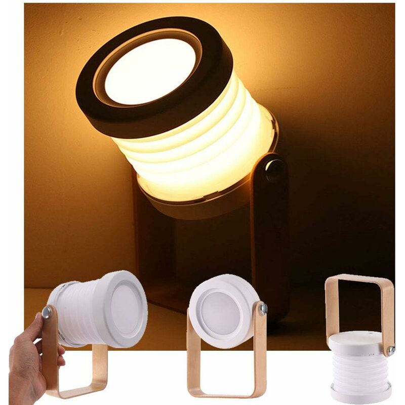 

Lámpara de mesa LITZEE, luz nocturna telescópica plegable portátil, luz de lectura LED con mango de madera, 3 niveles de brillo, brillo ajustable,