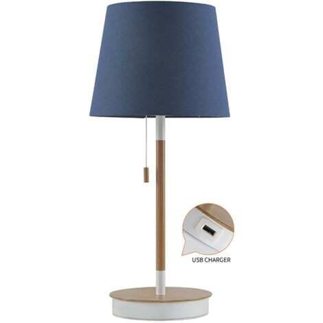 LAMPARA DE MESA MADERA AZUL CON CARGADOR USB E27