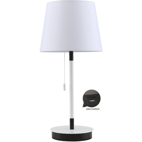 LAMPARA DE MESA MADERA BLANCO CON CARGADOR USB E27