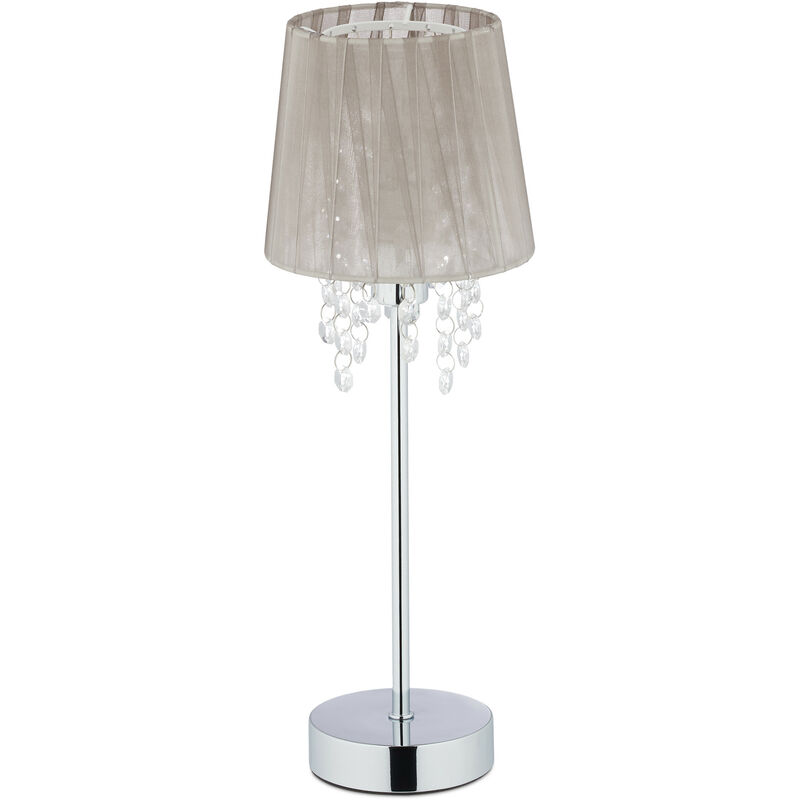 

Relaxdays - Lámpara de mesa, Organza, Cristal, Soporte redondo, Mesilla de noche, 41 x 14,5 cm, 1 Ud., Gris & Plateado