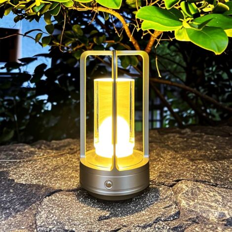 Lámpara de mesa portátil de metal, lámpara de mesa para exterior recargable de 4000 mAh, lámpara inalámbrica con atenuación continua y 3 colores, color plateado