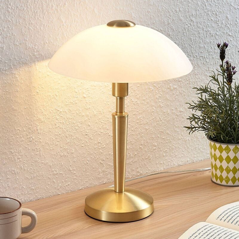 

Lindby - Lámpara de mesa Tibby, pantalla de vidrio, latón