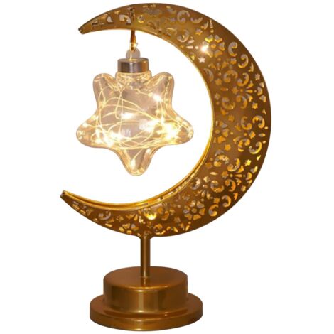 Lámpara de mesa vintage con forma de luna y estrella, estructura metálica, lámpara de escritorio de Ramadán a pilas, lámpara de mesita de noche bohemia de mosaico hecha a mano con forma de media luna.