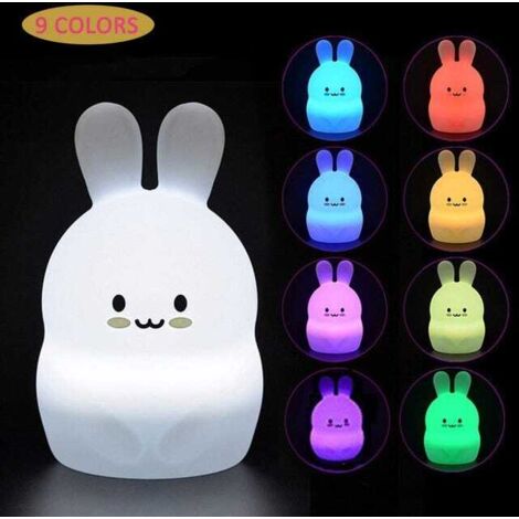 Lámpara de mesilla infantil, luz nocturna para bebés, conejo de silicona, 9 colores, lámpara de mesilla para dormitorio infantil, control remoto, luz nocturna LED recargable