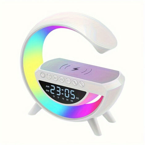 Lámpara de mesilla LED con función de carga, luz ambiental, cargador inalámbrico de 15 W, lámpara de escritorio LED con altavoz Bluetooth, luz nocturna regulable, despertador con luz para dormitorio,