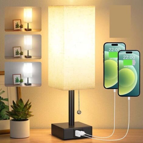 Lámpara de mesita de noche regulable con 3 colores (3000/4000/5000K), puertos de carga USB-A+C, bombilla LED e interruptor de cadena para dormitorio, sala de estar, oficina o habitación infantil.