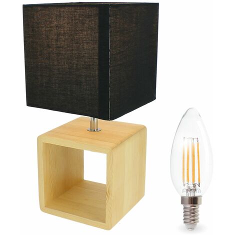 Lámpara de mesita de noche y mesilla de madera E14 30cm BRAGI con su bombilla LED de Filamento de 4.9W