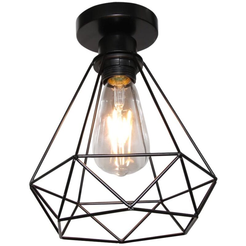 Retro Lámpara de Techo Industrial E27 Jaula de Diamante 20cm Lustre Abatijour Vintage Metal Hierro Lámparas Colgante - Negro