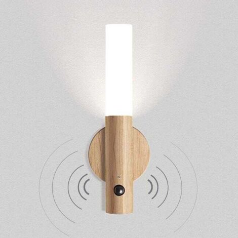 Lámpara de noche, aplique de pared LED de madera, sensor de movimiento, recargable por USB, luz magnética inalámbrica para subir escaleras, luz blanca.