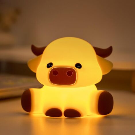 Lámpara de noche con forma de vaca de las Tierras Altas, lámpara LED táctil de silicona, recargable por USB, 3 niveles de intensidad.