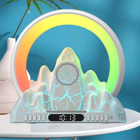 Lámpara de noche con función de carga de 15W y altavoz Bluetooth Lámpara de atardecer regulable de 7 colores con ayuda para dormir con ruido blanco, música, reloj y despertador, radio y la APP Smart L
