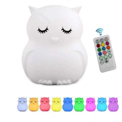Lámpara de noche infantil con forma de búho, de silicona suave, 9 colores, recargable, para mesita de noche, con control remoto y luz LED.