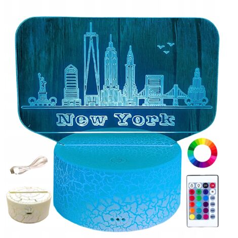 Lámpara de noche infantil de Nueva York con 16 LED 3D y mando a distancia