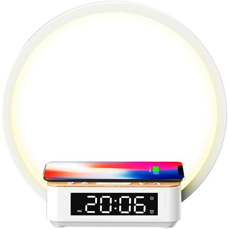 Lámpara de noche LED con función de carga, lámpara de mesa, luz de despertador, reloj despertador, control táctil regulable, cargador inalámbrico de 5 W y lámpara de mesa de brillo de 3 niveles para l