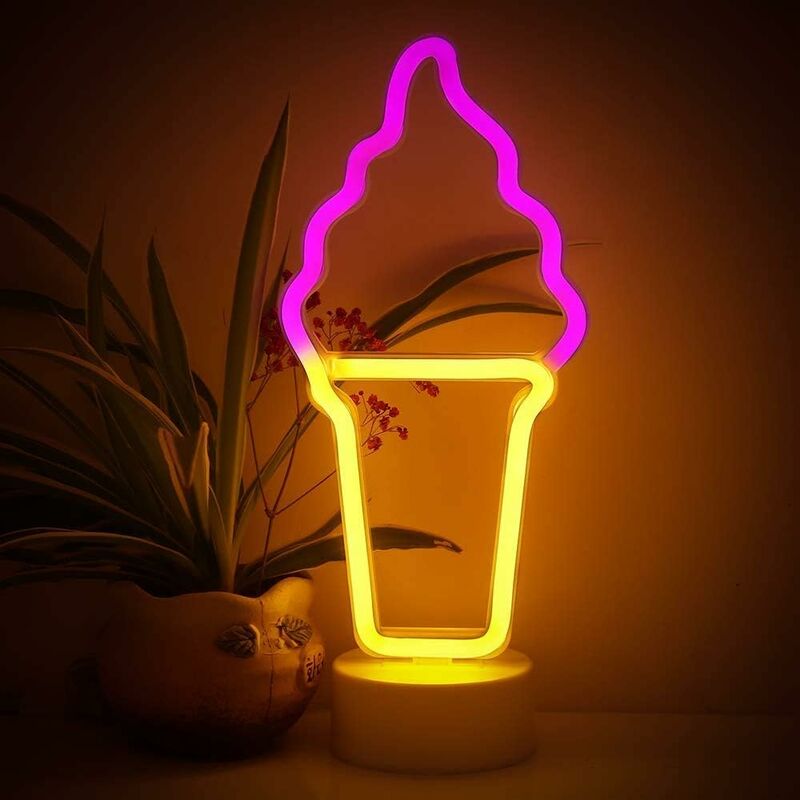 

Litzee - Lámpara de noche Neon LED Ice Cream con base, funciona con pilas o luces LED de neón USB, decoración para Navidad, cumpleaños, sala de