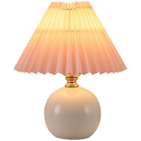 Lámpara de noche nórdica, lámpara de mesa pequeña de luz cálida E27, pantalla de tela plisada con base de cerámica, cerámica blanca + pantalla rosa LangRay