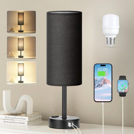 Lámpara de noche para dormitorio negra - Lámpara de noche regulable de 3 vías Puertos de carga USB CA y toma de CA Lámpara de mesa pequeña Base negra para sala de estar Mesa de oficina Lámpara LED en