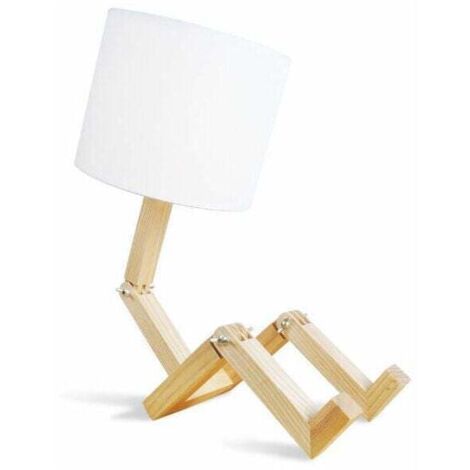 Lámpara de noche robot, lámparas de escritorio creativas para dormitorio, cuerpo de madera ajustable, lámpara de mesa E27 DIY para sala de estar con pantalla de tela, iluminación decorativa moderna pa