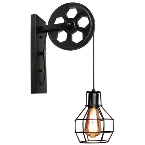 Lámpara de pared creativa estilo industrial retro, forma de jaula con polea, luz de pared vintage, color negro