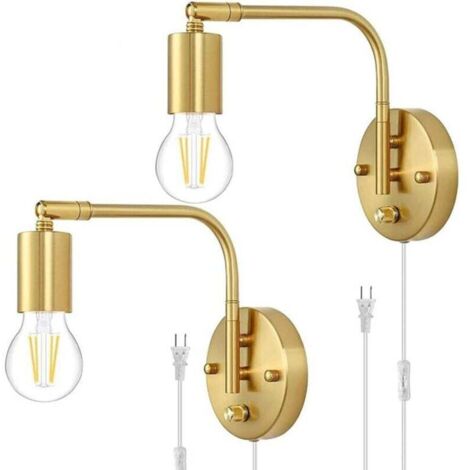Lámpara de pared E27 con interruptor y enchufe, luz de pared ajustable de metal dorado, lámpara de lectura de noche con cable, lámpara de interior industrial retro para sala de estar, dormitorio, ofic