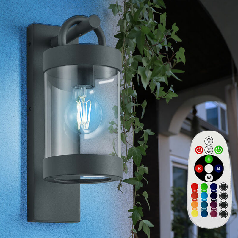 

Lámpara de pared exterior linterna jardín luz ALU sensor crepuscular CONTROL REMOTO en un juego que incluye bombillas LED RGB