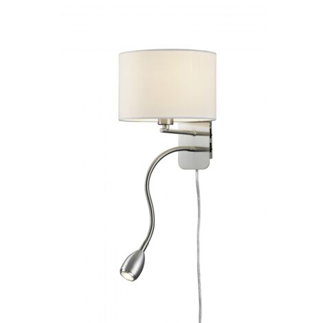 Lámpara de pared Hotel Níquel y pantalla redonda de tela blanca con luz de lectura L20 cm Trio Lighting