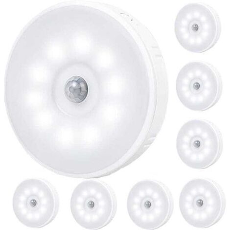 Lámpara de pared LED inalámbrica con sensor de movimiento para uso en interiores, luz nocturna decorativa con detector de carga USB magnético, color blanco (paquete de 8).