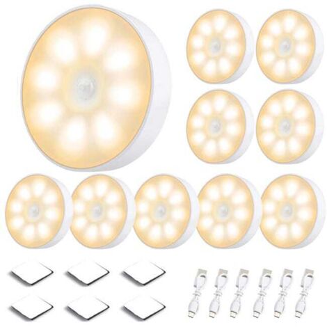 Lámpara de pared LED inalámbrica con sensor de movimiento para uso en interiores, luz nocturna decorativa con detector de carga USB magnético (paquete de 10)