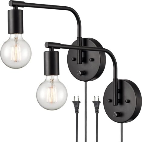 Lámpara de pared negra moderna de granja, juego de dos apliques de pared con brazo oscilante enchufables con interruptor para dormitorio