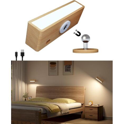 Lámpara de pared para dormitorio, inalámbrica, recargable por USB, para mesita de noche, brillo ajustable, control táctil, lámpara de pared LED de madera.