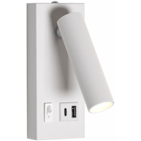 Lámpara de pared para mesita de noche, luz LED giratoria de 3 W con cargador USB tipo C, foco de lectura, luz de techo, para dormitorio (blanco, luz cálida 3000 K, 3 W)