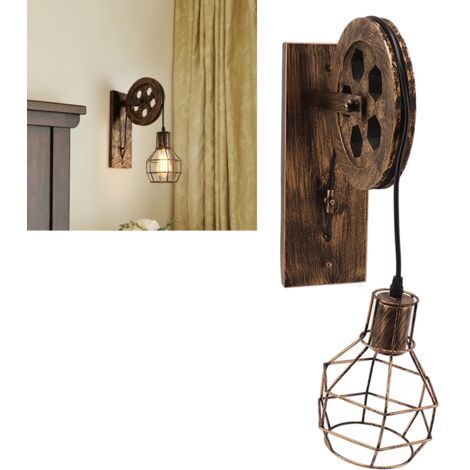 Lámpara de pared retro SUNXURY de hierro y madera, E27 E26, con polea de elevación industrial vintage y pantalla de jaula para cafetería y hogar.