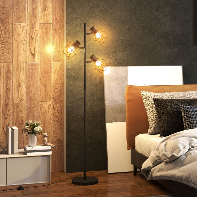 Lámpara de pie con 3 casquillos E27, 40W, llamas regulables, 169 cm de alto, metal, para salón, color negro, bombilla no incluida