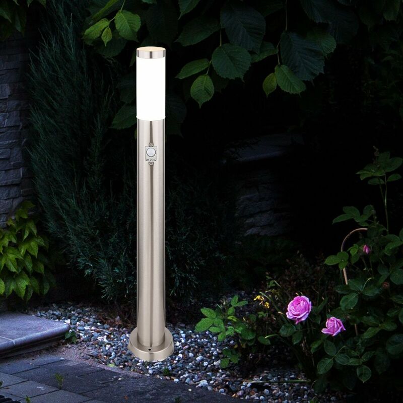 

Lámpara de pie de diseño para exterior, terraza, base de acero inoxidable, lámpara SENSOR de jardín, plateada, en un juego que incluye bombillas LED