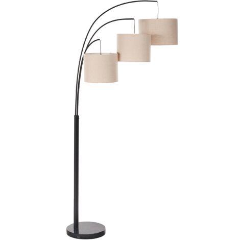 Lámpara de pie industrial de 3 luces pantallas de lino metal base de mármol beige y negro Caroni
