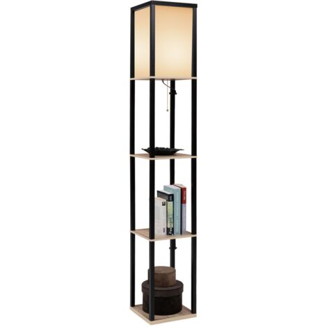 Lámpara de pie industrial de madera negra con estantes de madera clara y pantalla cuadrada blanca