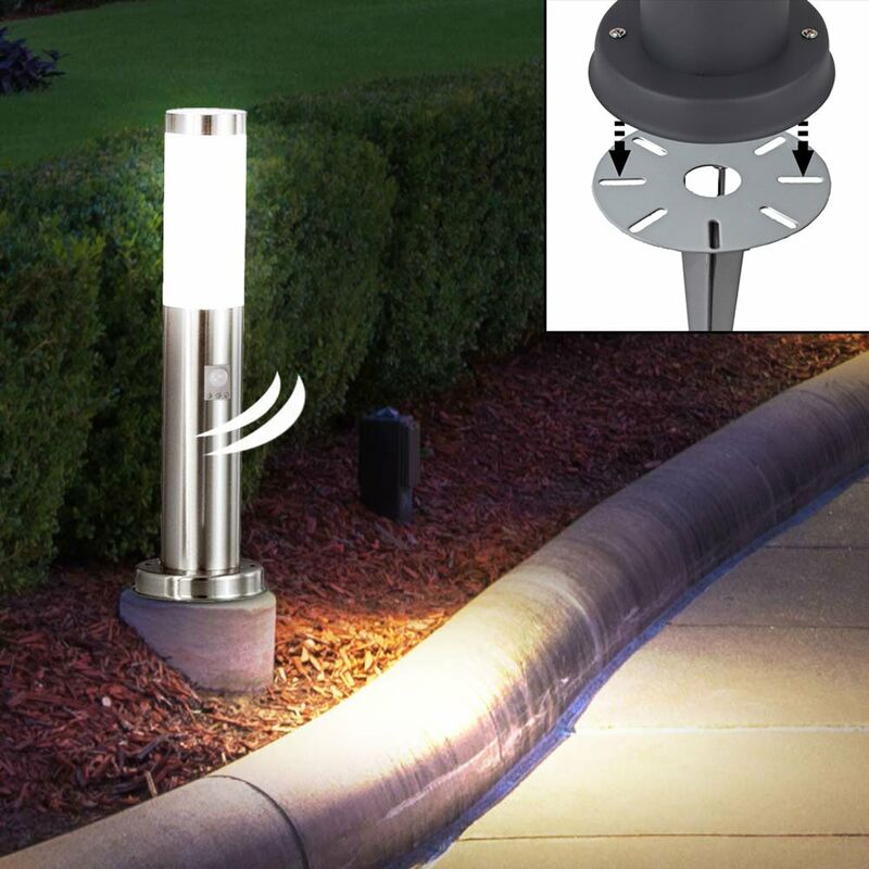

Lámpara de pie LED, detector de movimiento, acero inoxidable, exterior, planta baja, soporte para pinchos, foco, terraza, enchufe, lámpara de zócalo
