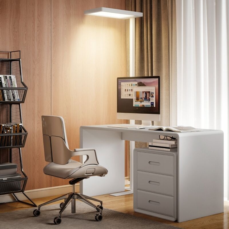 Lámpara de pie LED, luz agradable a la vista, lámpara de pie con control remoto, brillo ajustable, plástico/metal, blanco