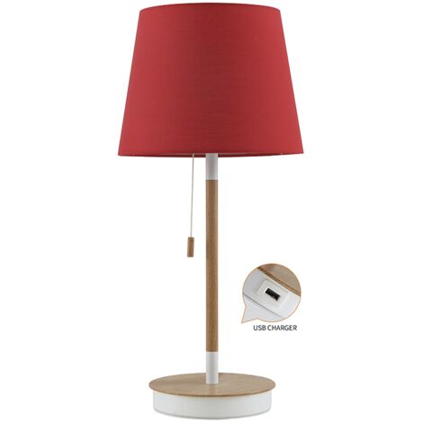 LAMPARA DE PIE MESA MADERA ROJO CON CARGADOR USB  E27