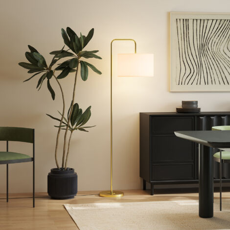 Lámpara de Pie Moderna con Pantalla de Lino Sintético Lámpara de Lectura para Salón 64x38x163,5 cm Blanco y Dorado