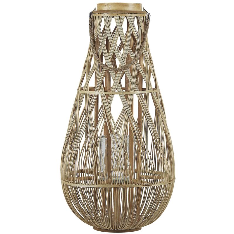 Beliani - Linterna de madera de bambú color claro y cristal 77 cm interior exterior escandinavo Tonga