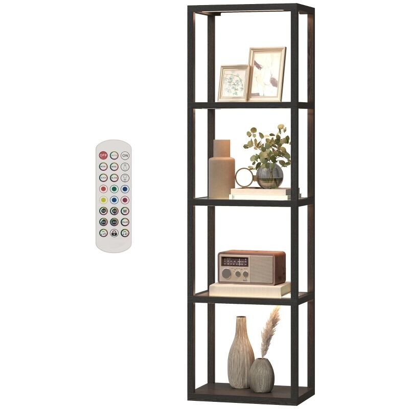 Lámpara de pie RGB con estantes de cristal, 4 niveles, lámpara de pie LED, control remoto, sincronización de música, color negro