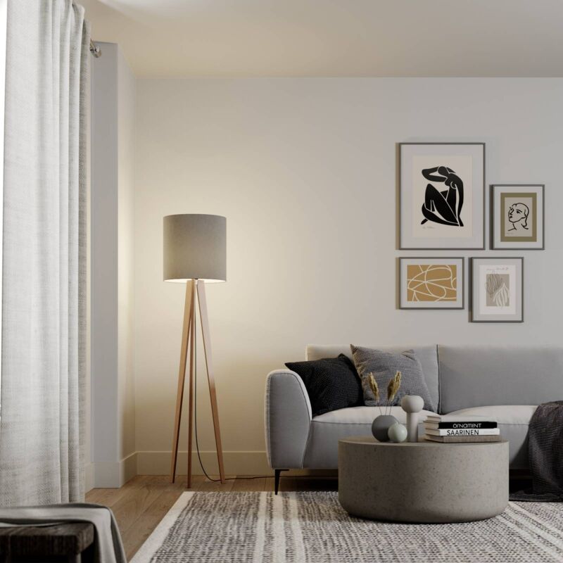 

Lámpara de pie textil Nida con trípode de madera