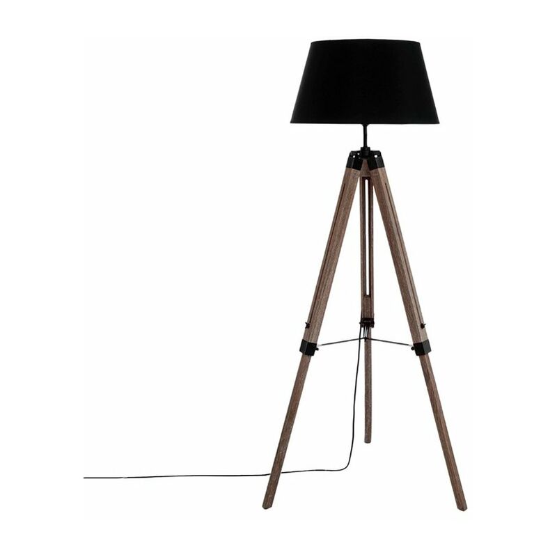

Lámpara de pie trípode de madera con pantalla de lino negra E27 40W