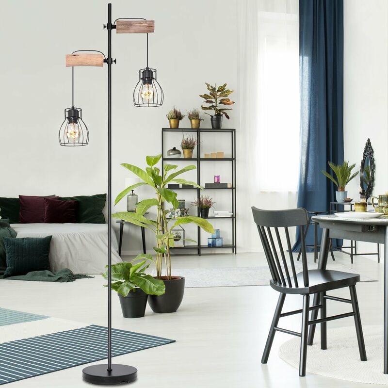 

Lámpara de pie vintage con diseño de jaula de filamento, sala de estar, soporte de madera, luz ajustable en altura en un juego que incluye bombillas