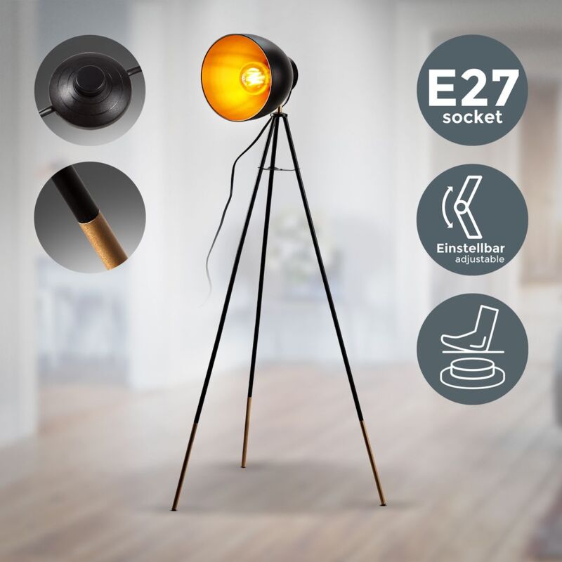 

Lámpara de pie Vintage I Lámpara de pie Retro I Metal I Black-Gold I E27 Portalámparas máx. 40W I Pedal interruptor I Ø24cm Pantalla I Lámpara de